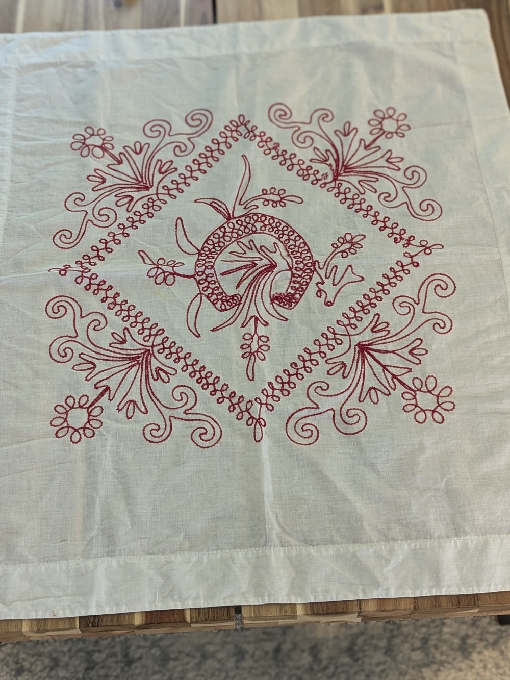 Red Embroidered Tablecloth Small Linen Folk Art Wall Hanging
